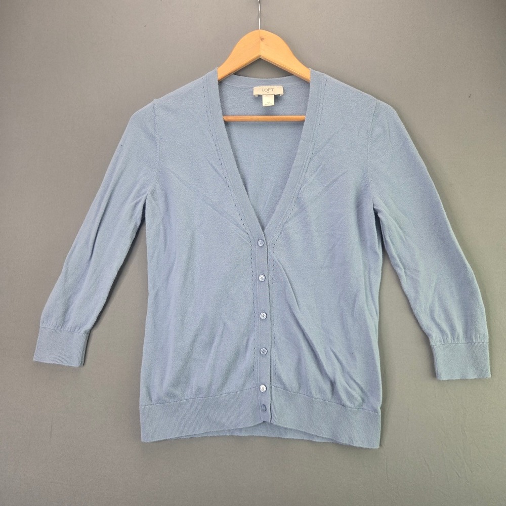 LOFT Cardigan Sweater V-Neck Button Up Size M Blue 3/4 Sleeve Cotton Blend
